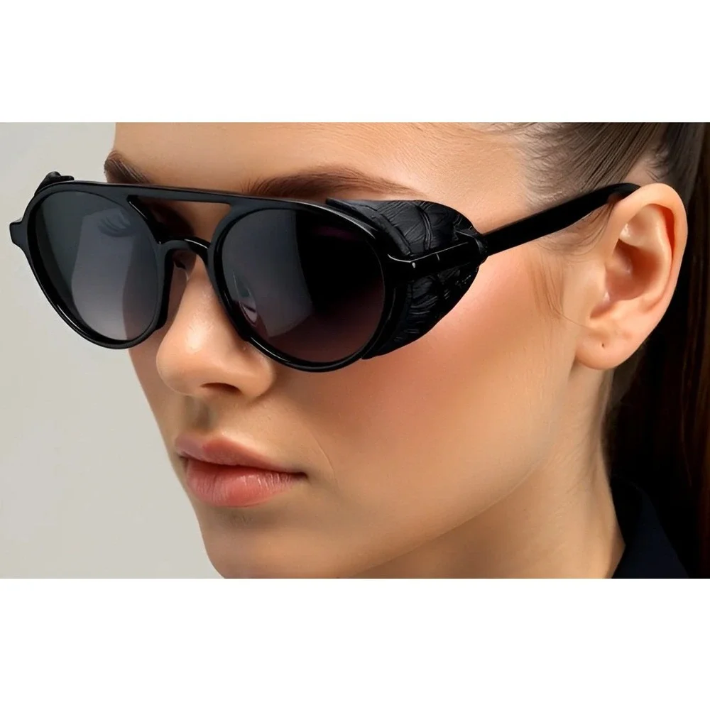 Steampunk Sunglasses Women's Side Shield Round Frame‎ UV400 Potection Lentes New